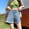 Women's Denim Shorts with Rolled Edges and Double Buttons Summer High Waist Straight Leg Wide Leg A-line Shorts