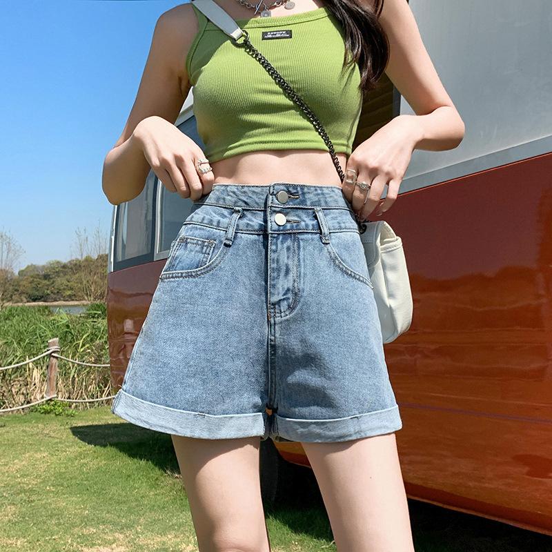 Women's Denim Shorts with Rolled Edges and Double Buttons Summer High Waist Straight Leg Wide Leg A-line Shorts