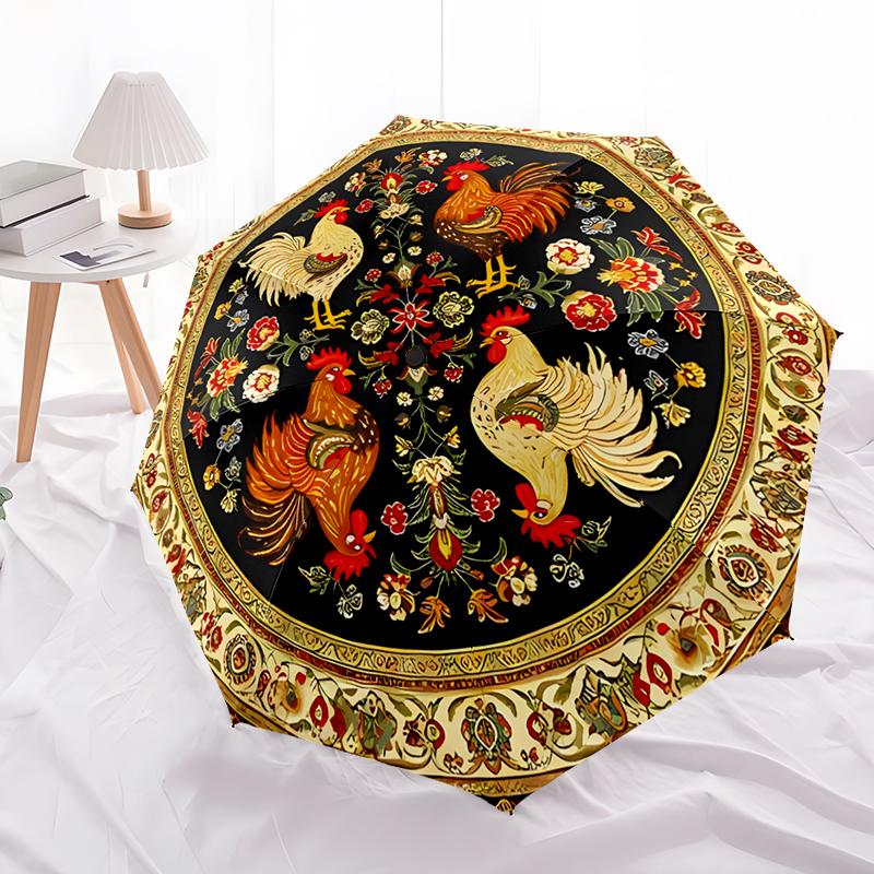Rooster Theme Design Folding Umbrella-Fashionable Auto-Open Design 8 Iron Ribs Plastic Handle Foldable Sunshade,Perfect Gifts