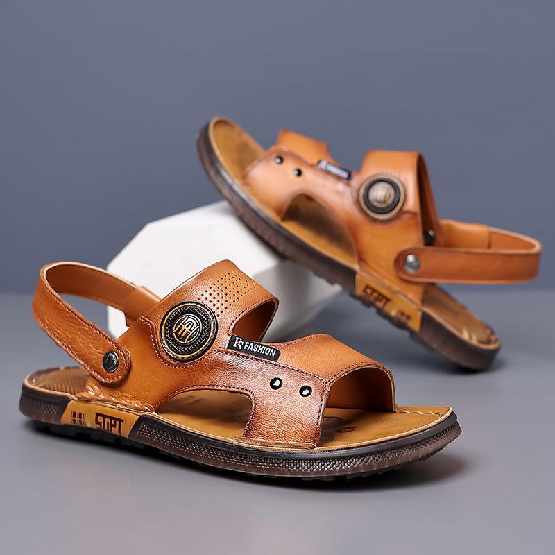 Men's Summer Sandals Leather Beach Shoes Men's Non-slip Leather Sandals Breathable Sandals Beef Tendon Sole Dual-purpose Driving Men's Shoes