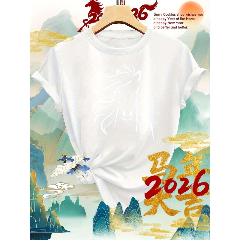 

Европейские размеры Женская белая футболка с принтом лошади, круглый вырез, короткий рукав - Мягкая повседневная блузка с изображением скачущей лошади и дизайном в стиле верховой езды S белый