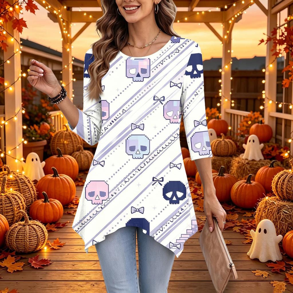 Women's Casual Halloween Print Top, Loose Fit Three-Quarter Sleeve