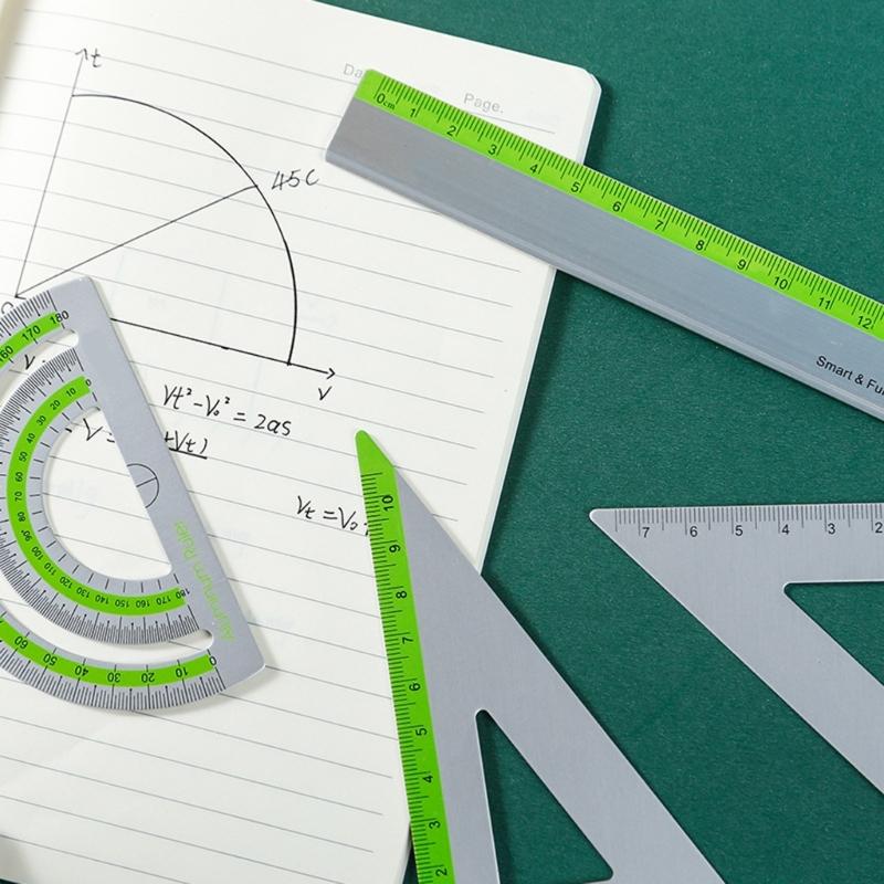 Strong Aluminum Ruler Set 1 Straight 2 Triangles 1 Protractor School Homework Art Projects Measure for Kids Adults