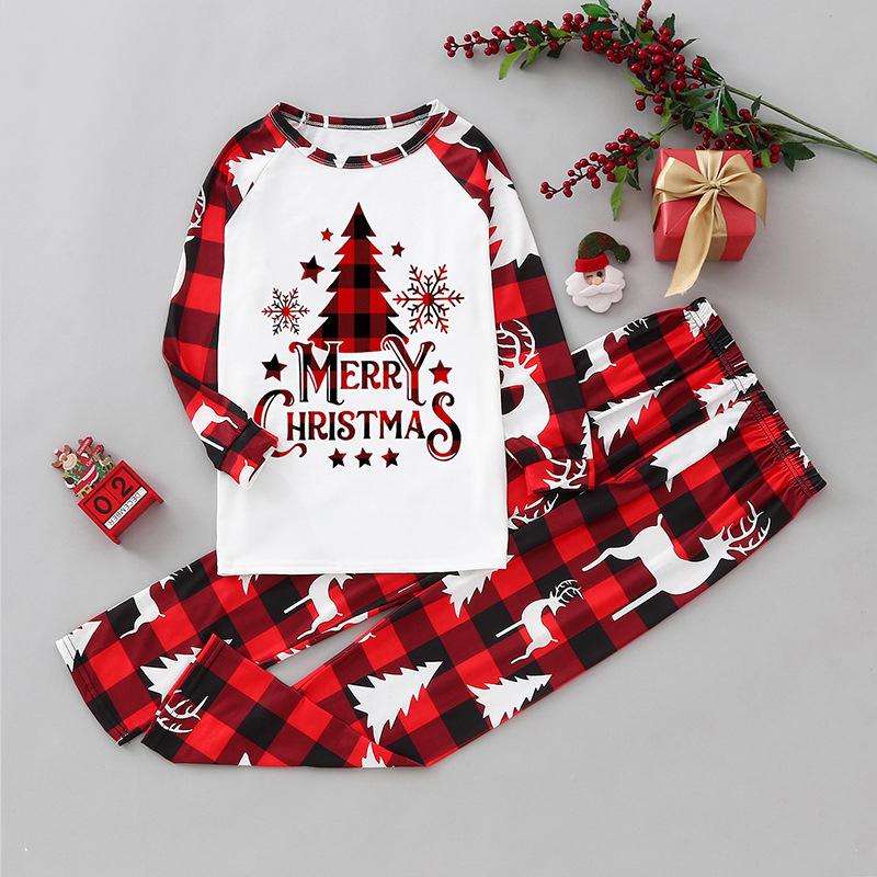 Christmas Print Neck Long Sleeve Long Pants Matching Family Pajama Set for Adults and Kids