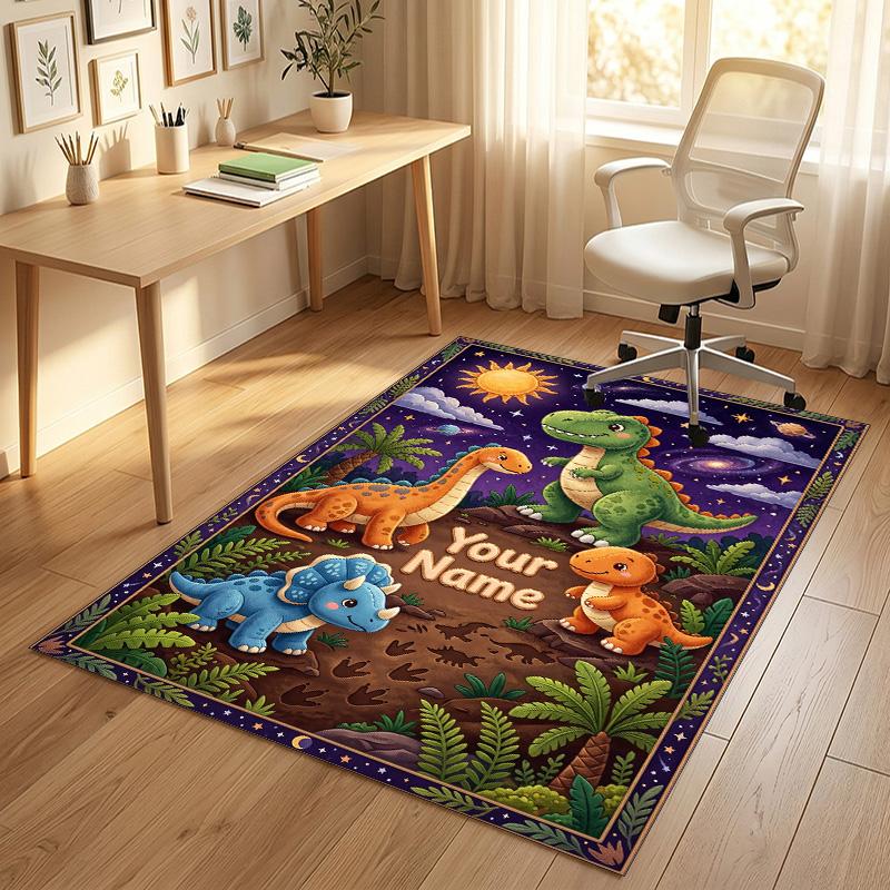Dinosaur Theme Crystal Velvet Rug Personalized Custom Name Text Soft Floor Mat Home Decor