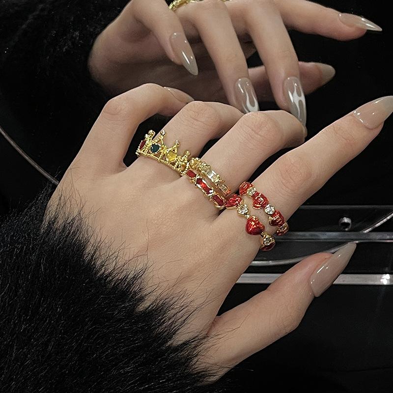 Retro Red Drip Glaze Love Open Ring Women'S Niche Light Luxury Personality High-End Sweet Cool Ring
