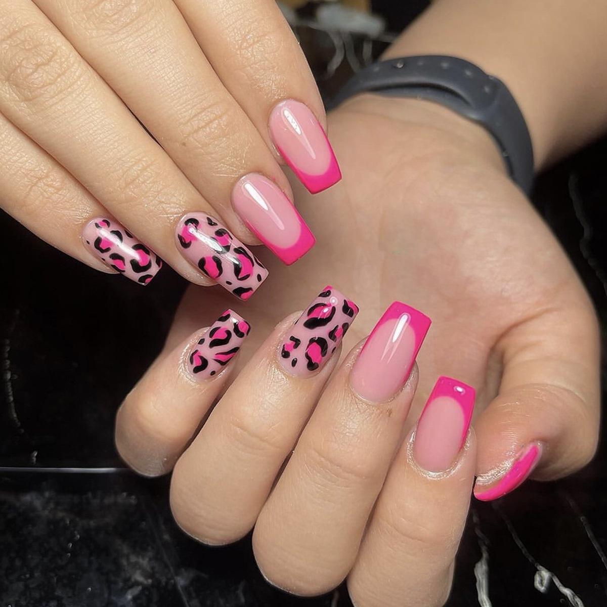 

Rose Red French Leopard Print Detachable Fake Nails - European Hot Girl Style Manicure
