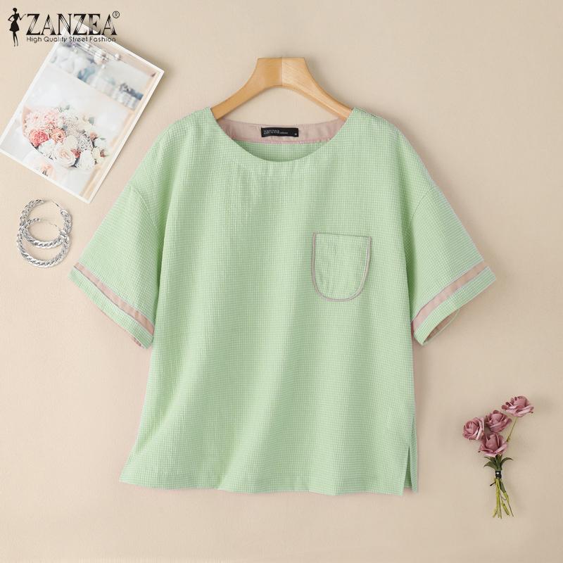 ZANZEA Women Summer Round Neck Casual Grid Print Short Sleeve Blouse