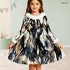Girls High Neck Long Sleeve Blue White Printed A Line Flared Dress With Fur Trim And Bow