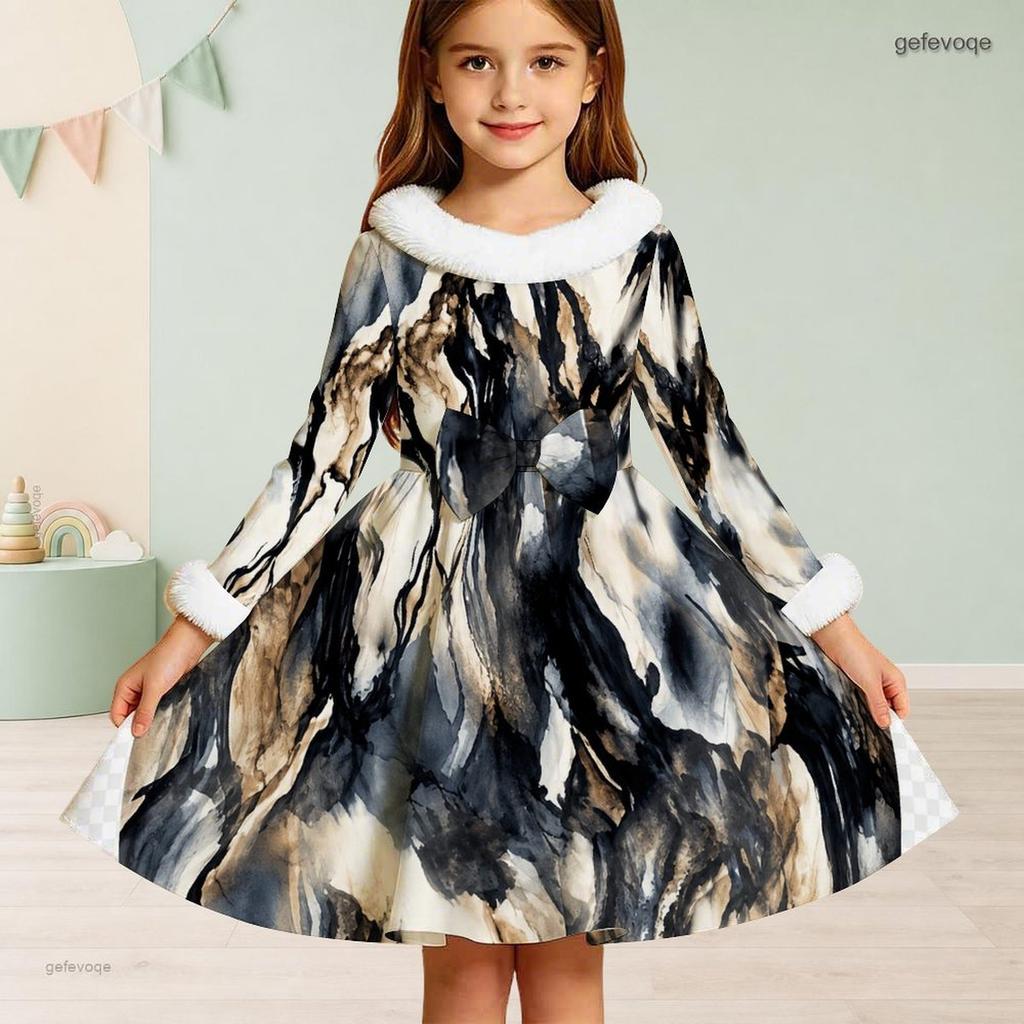 Girls High Neck Long Sleeve Blue White Printed A Line Flared Dress With Fur Trim And Bow