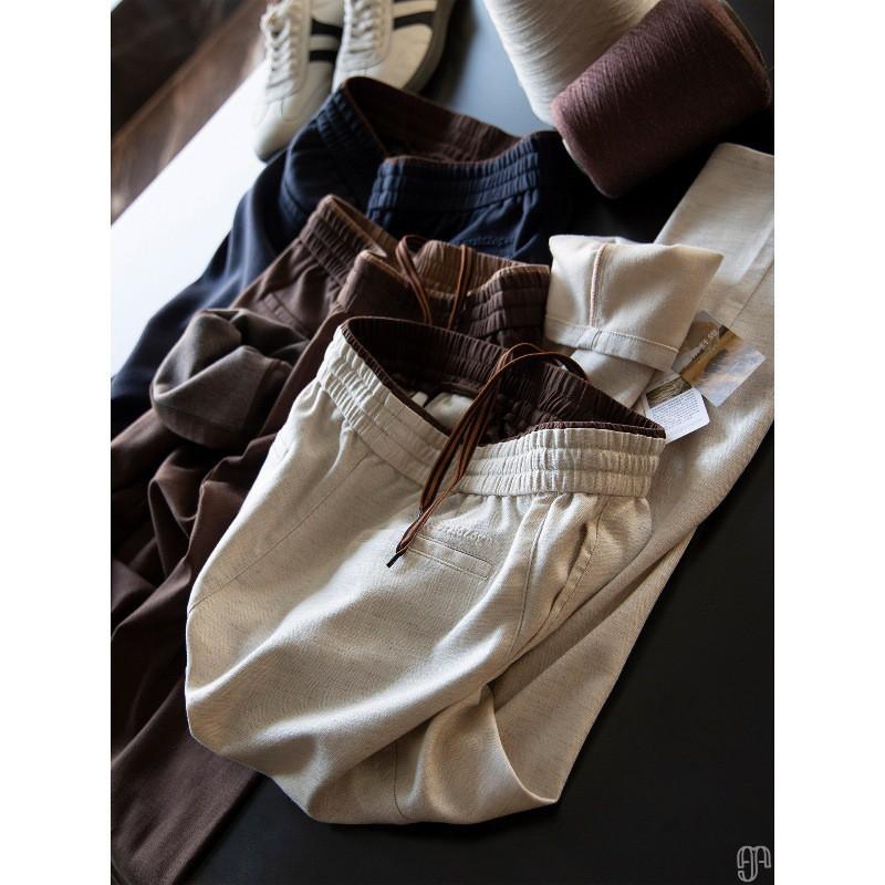 Mens Slim Straight Leg Pants Linen Blend Fleece Lined Warm Casual Sports Trousers