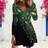 Women Plus Size Light Purple Printed V Neck Long Sleeve A Line Dress
