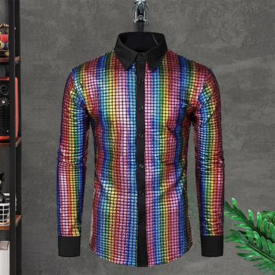Camisa masculina brilhante suave lantejoulas gola única breasted turn-down colarinho manga longa clube dança discoteca palco desempenho vintage topo