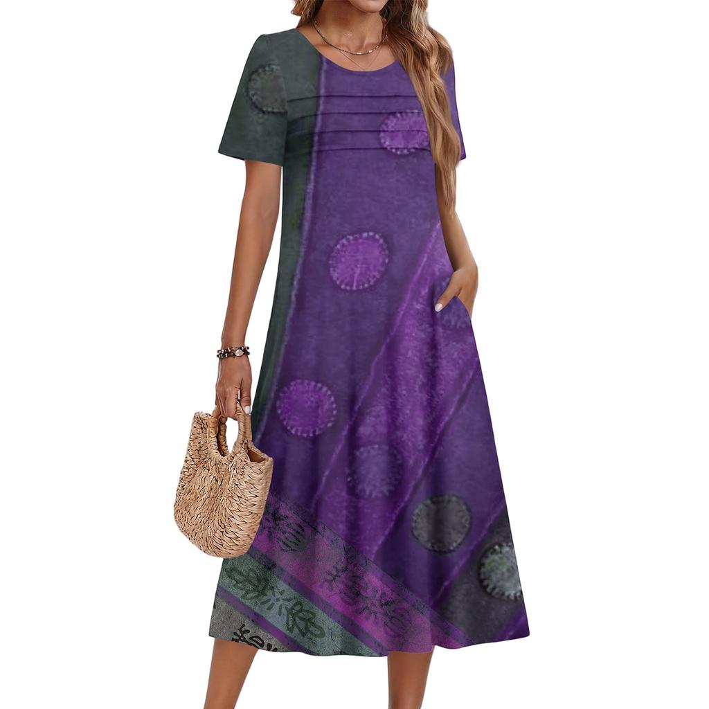 Damenkleid mit Blumenmuster, lässig und modisch, kurzärmelig, Rundhalsausschnitt