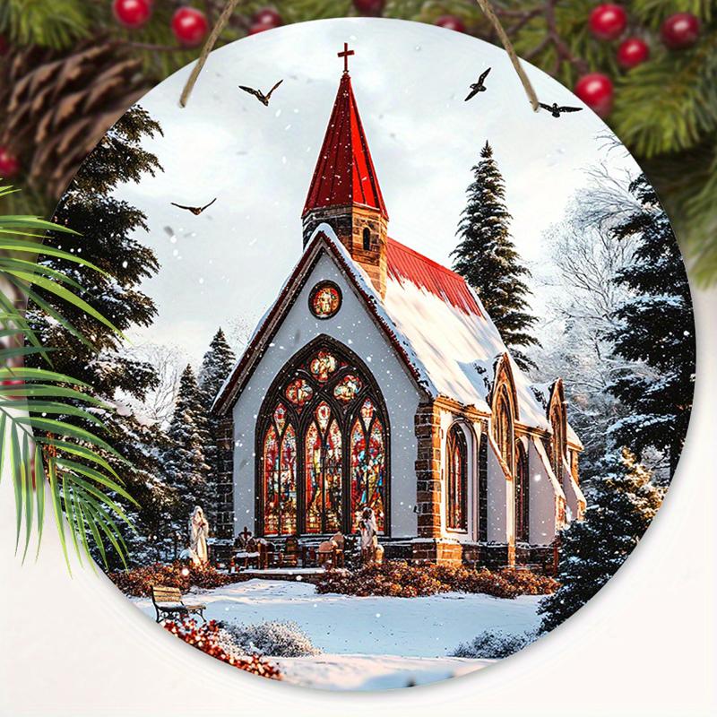 Winter Snow Church Scene Round Wooden Hanging Sign, 2D Flat Printed Wall Door Ornament, Christmas Home Porch Holiday Decor Gift