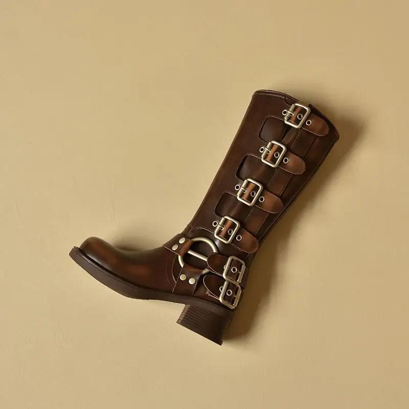 Fashion Punk Middle Heel Ladies Knee High Shaft Shoes Autumn Winter Waterproof Hot Fashion 2025 Demi-season New in Pu Women's Long Boots