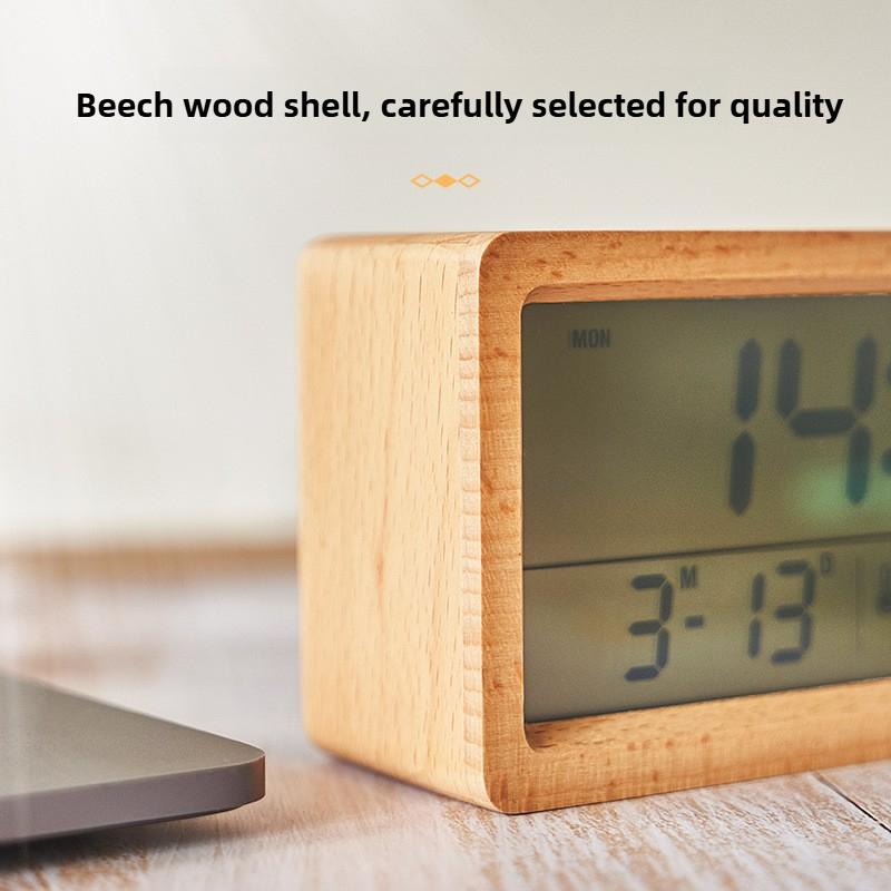 Large Screen Date Temperature LED Wooden Digital Alarm Clock Multifunctional Humidity Backlight 12/24 Hour Snooze Table Clock