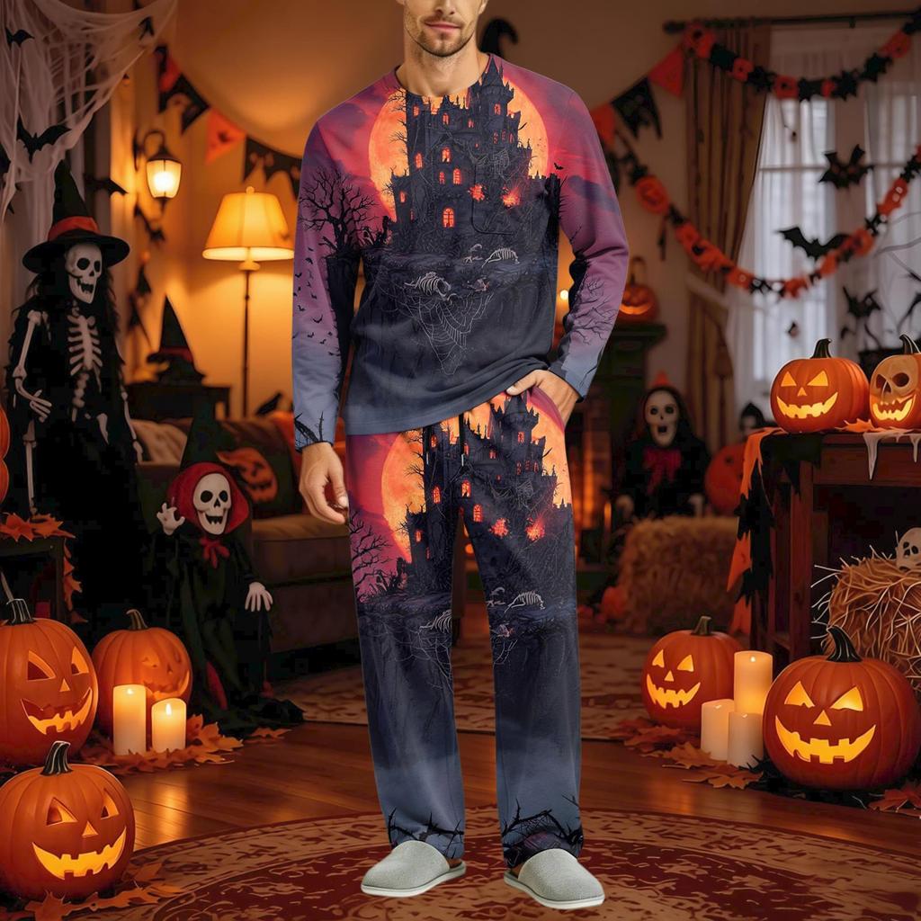 Men's Halloween Pajama Set Long Sleeve Long Pants with Crotch Buttons and Elastic Drawstring Waist