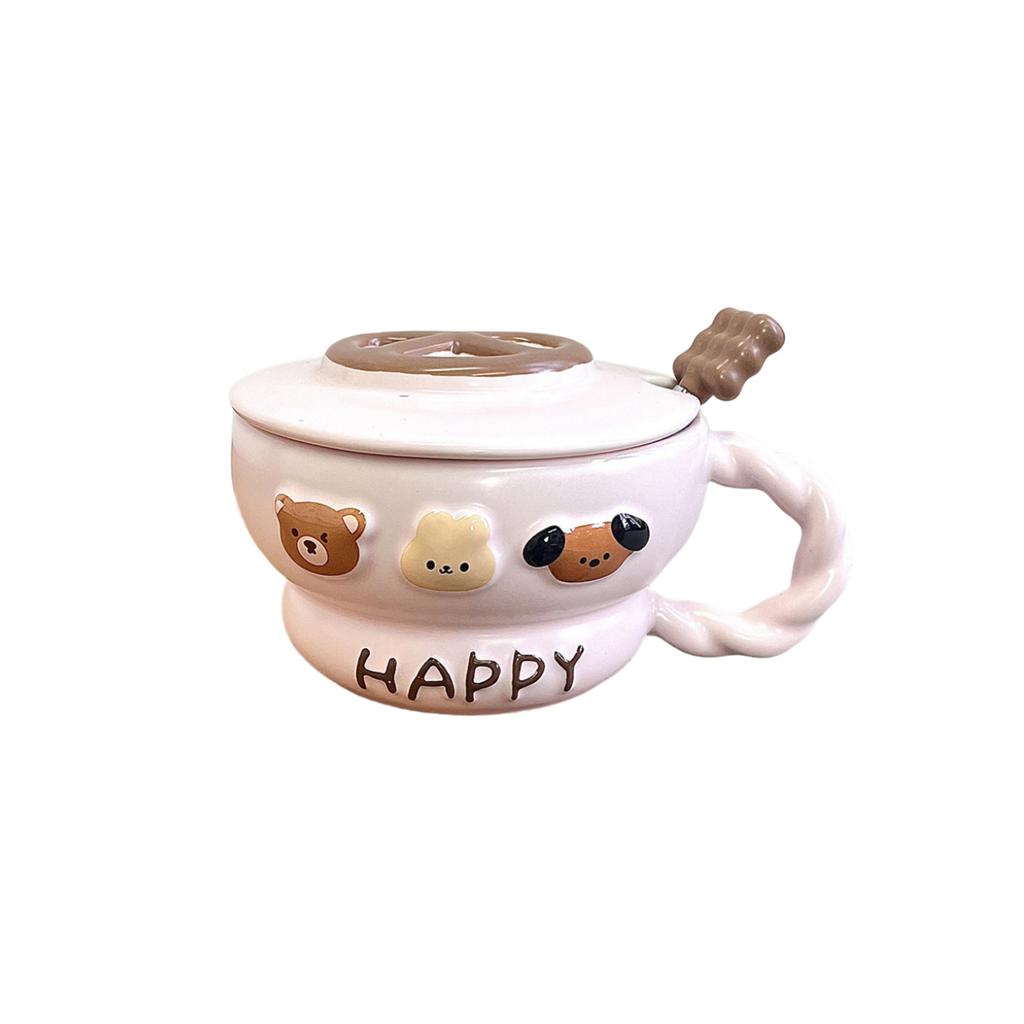 Süßer Reliefbecher mit Deckel Löffel Hoher Wert Ins Stil Keramikbecher Wasserbecher Mädchen Geburtstagsgeschenk Souvenir