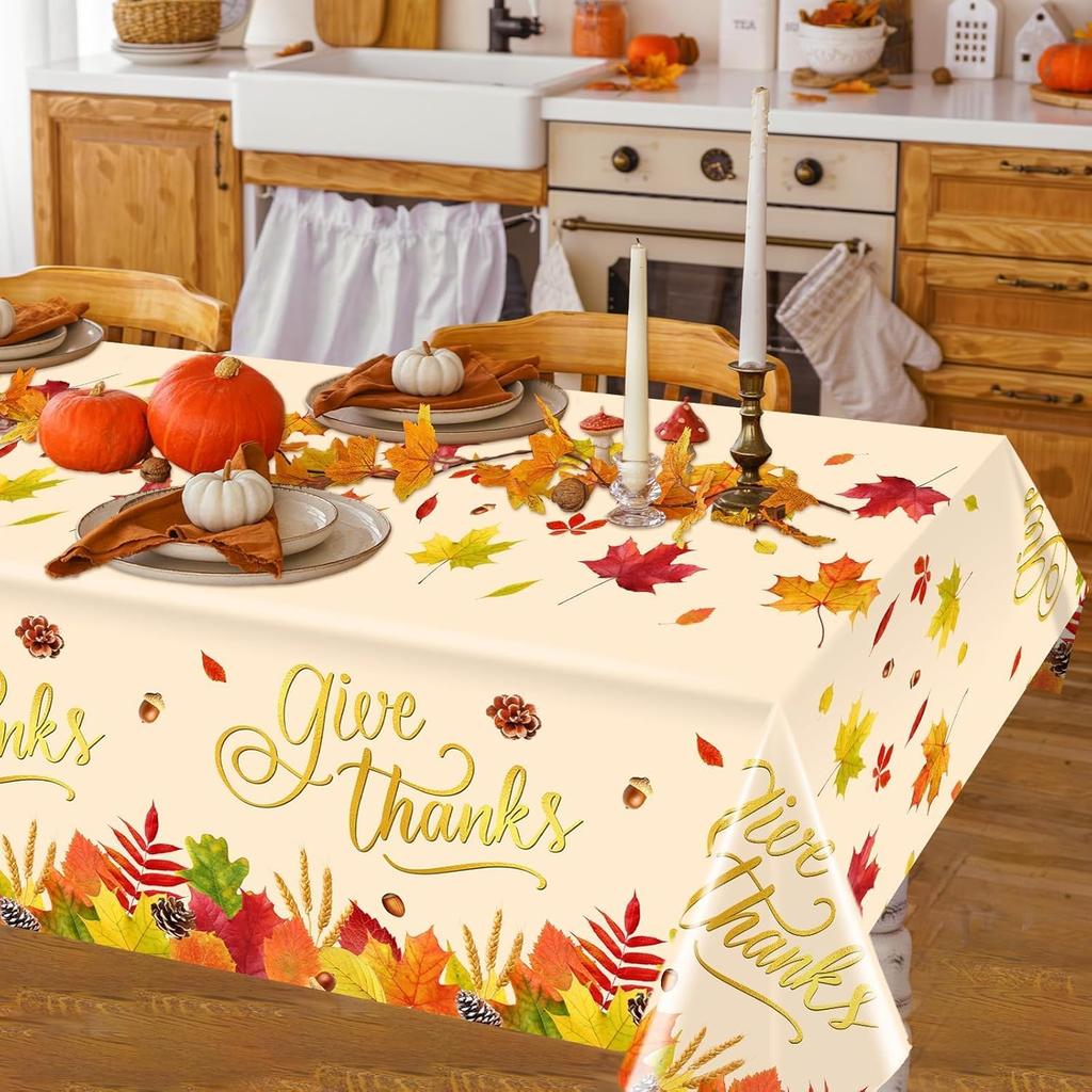 3Pcs Fall Thanksgiving Disposable Tablecloths Give Thanks Autumn Maple Leaves Waterproof Table Covers for Home Dinner Fall Harvest Thanksgiving Party