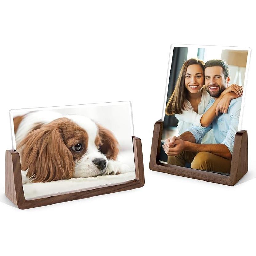 Mixoo 4x6 Picture Frame 2 Pack - Rustic Wooden Picture Frames with Walnut Wood Base and High Definition Break Free Acrylic Photo Covers for Tabletop 4x6 inch