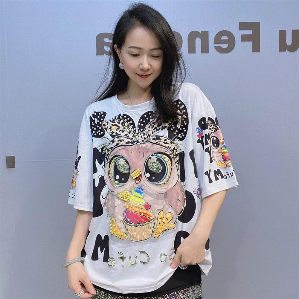 

Женские футболки с коротким рукавом больших размеров, летняя одежда, топы с мультяшным принтом и отделкой бисером в виде ромбов, повседневный трикотаж с круглым вырезом one size белый