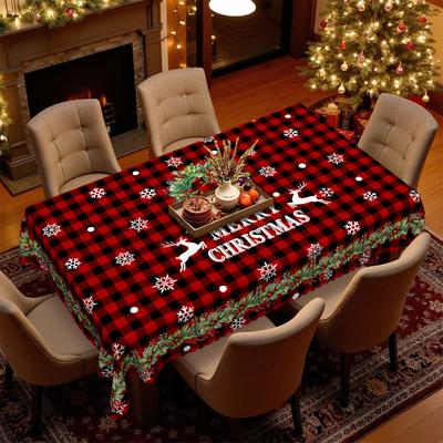 Red Black Checked Christmas Tablecloth, Snowflake Reindeer Merry Christmas Print, Rectangular Table Cloth