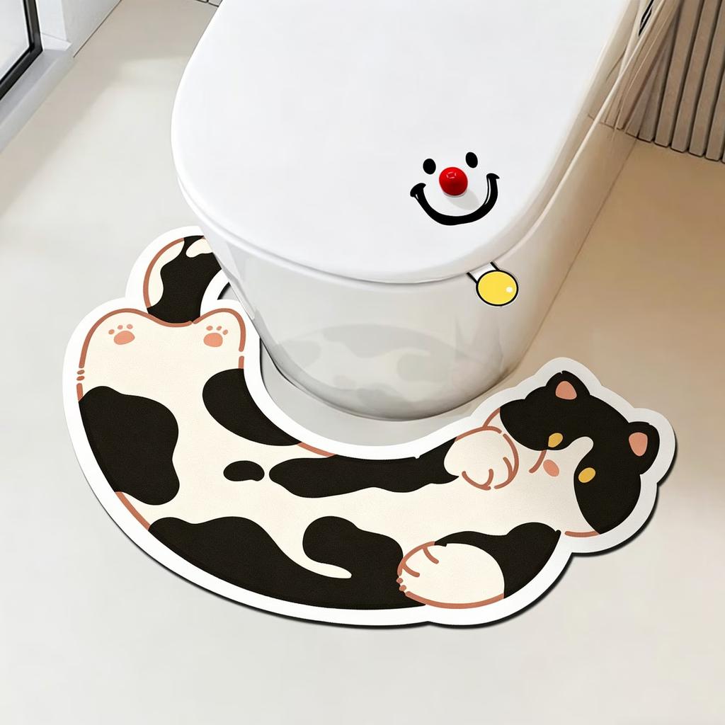 2D Flat Fun Cute Cartoon Cat U-Shaped Bathroom Floor Mat Toilet Anti-Slip Rug Diatom Mud Quick Dry Washable Water-Absorbing Floor Mat