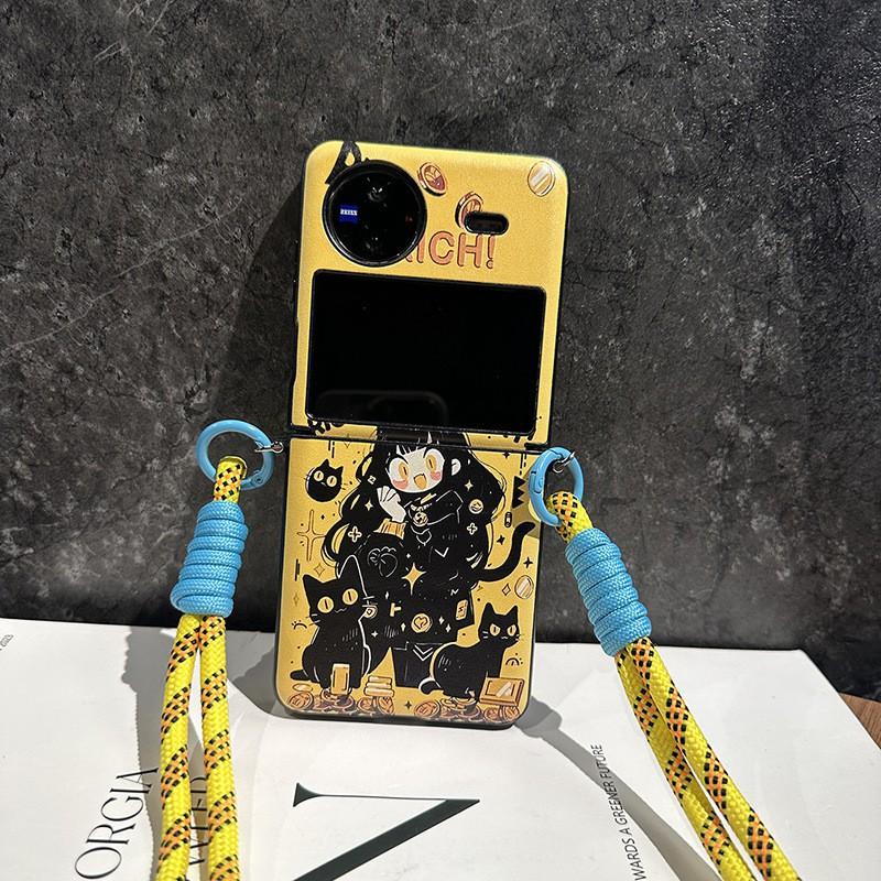 Cute Black Cat Girl Phone Case Vivo X Flip Folding Screen Leather Crossbody Strap Ins Style Shockproof