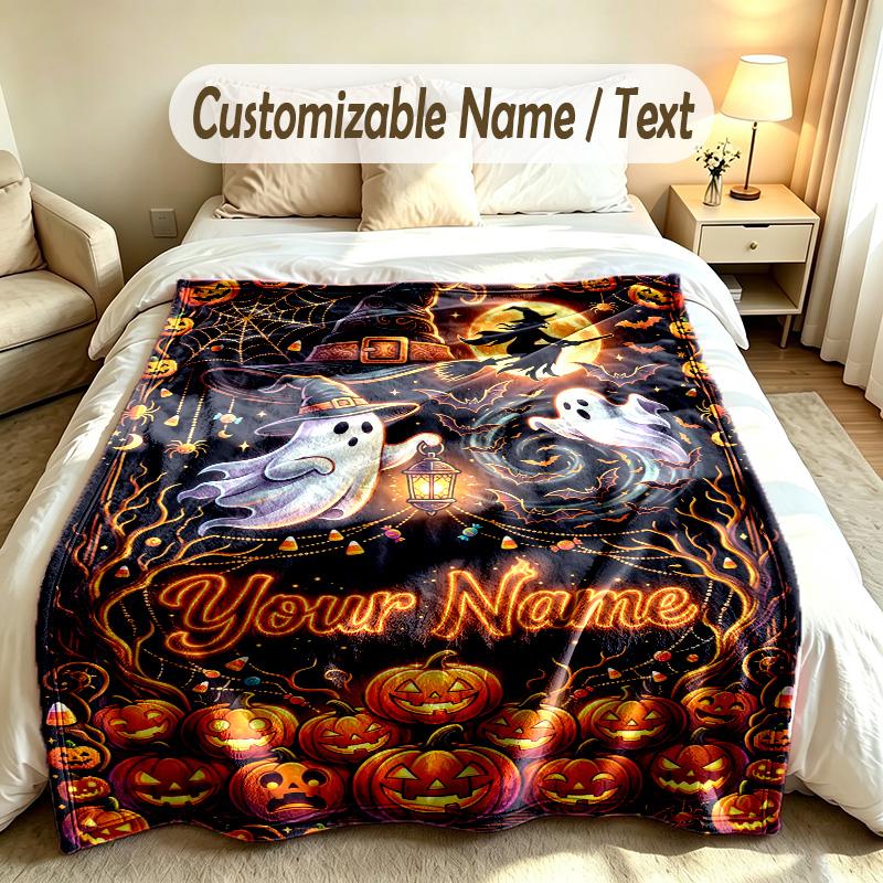 Halloween Theme Custom Blanket Personalized Name & Text Customized Soft Warm Throw Blanket Home Decor