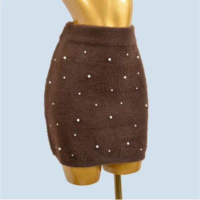 

from Cupboard Good Goods Autumn and Winter Imitation Mink Cashmere Knitted Sexy Hip Skirt High Waist Short Elastic Waist Bottoming Slimming Skirt Another Beaded Brown One size