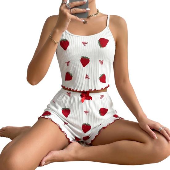 

2Pcs Ribbed Strawberry Print Pajama Set for Women Crop Cami Top & Shorts, Adjustable Straps, Breathable Loungewear for Home, Sleep, All Seasons S белый