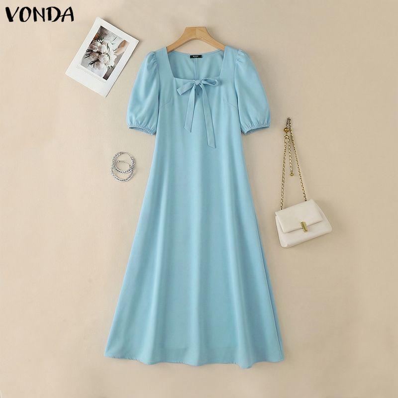 VONDA Abito Maxi Lungo Casual Elegante Estivo da Donna con Scollo Quadrato, Maniche a Sbuffo e Fiocco