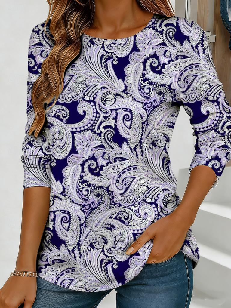 Top da donna blu-verde con stampa floreale, maniche lunghe, vestibilità ampia, girocollo, stile casual di tutti i giorni per la strada con design elegante.
