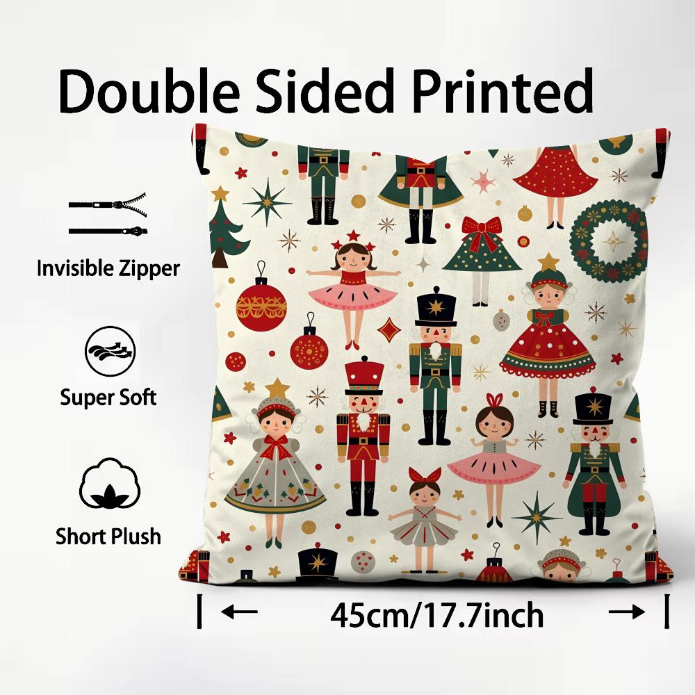 Nutcracker Soldier Christmas Cushion Cover Plush Fabric Soft DoubleSided Printed Sofa Warm Winter Home Child Gift Pillow Case