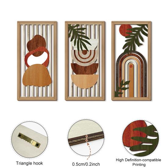 3 Pcs Boho Wood Wall Art Decor Minimalist Plants Geometric Hollow-out Hanging Ornament Abstract Wall Sculptures for Home Living Room Bedroom Kitchen