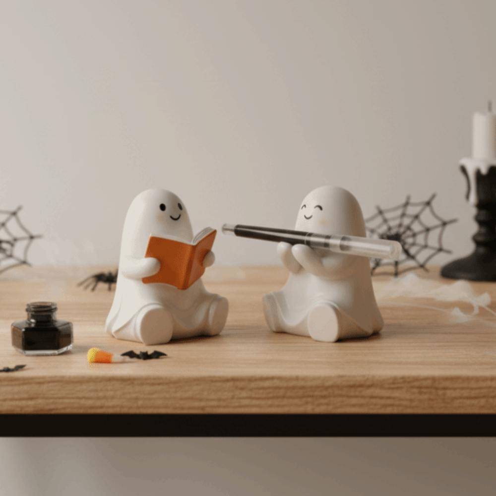 Resin Material Ghost Pen Holder Glossy White Smooth Surface Spooky Pencil Stand Compact Size Durable Base Halloween Ornament