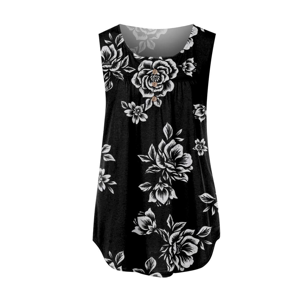 Damenmode, Blumendruck, plissiert, ärmellos, lässig, T-Shirt, Weste, Knopfleiste