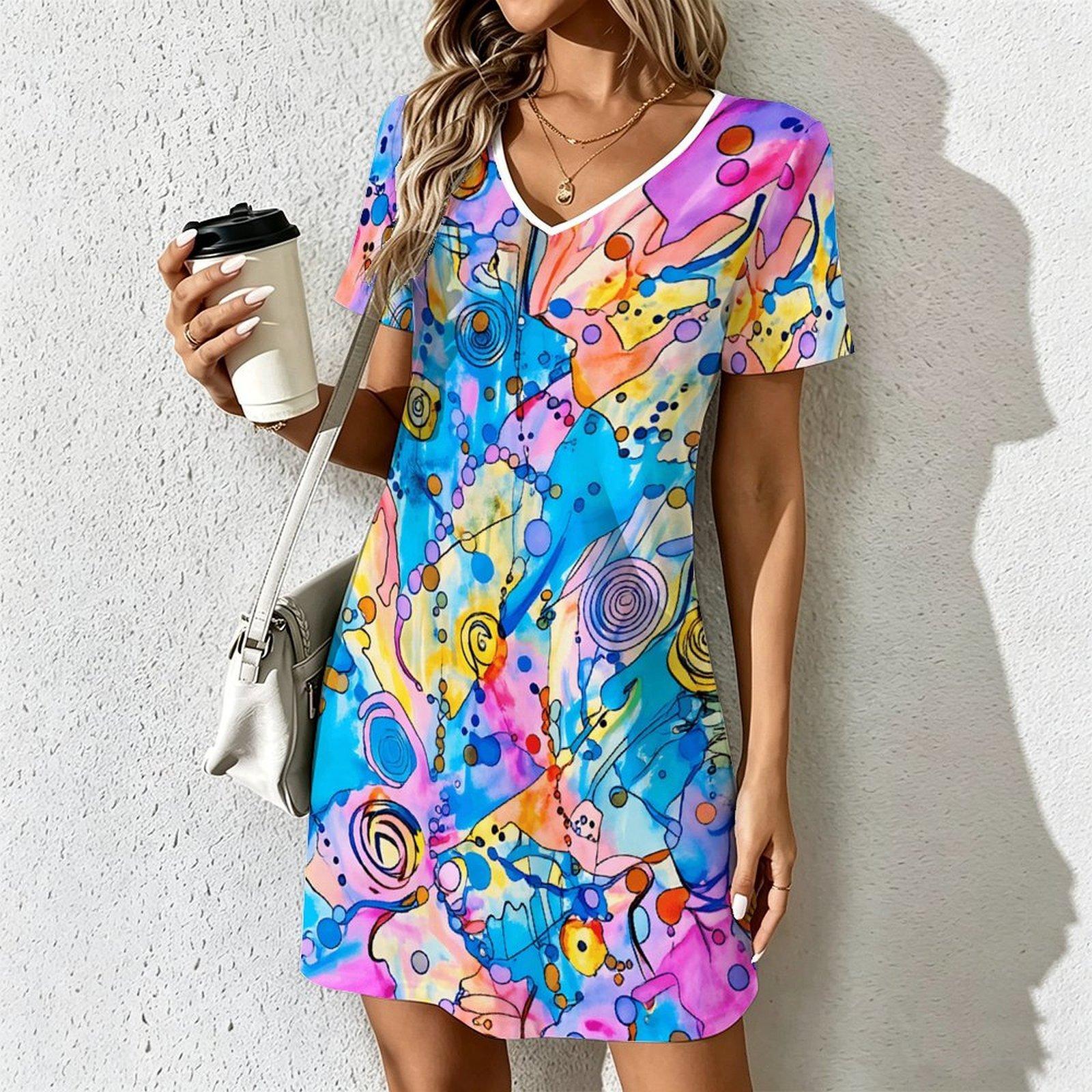 Summer Fashion Women s V Neck Short Sleeve Geometric Pattern Printed Dress Sex Short Skirt Dresses S