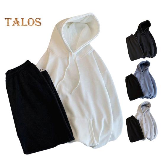 Conjunto de 2 piezas de traje deportivo para hombre, sudadera de manga larga con capucha y cordón, bolsillos grandes, pantalones deportivos de color sólido, ropa deportiva de estilo versátil
