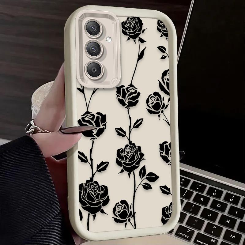 Black Flower Phone Case For Samsung Galaxy S25 S24 S23 Plus S22 S21 Ultra 24 FE Plus A15 A35 A54 A55 5G Shockproof Soft Cover