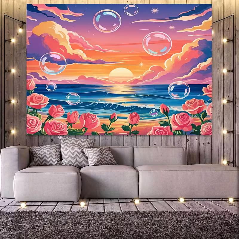 2D Colorful Beach Sunset Backdrop, Ocean Waves, Roses & Bubbles Background