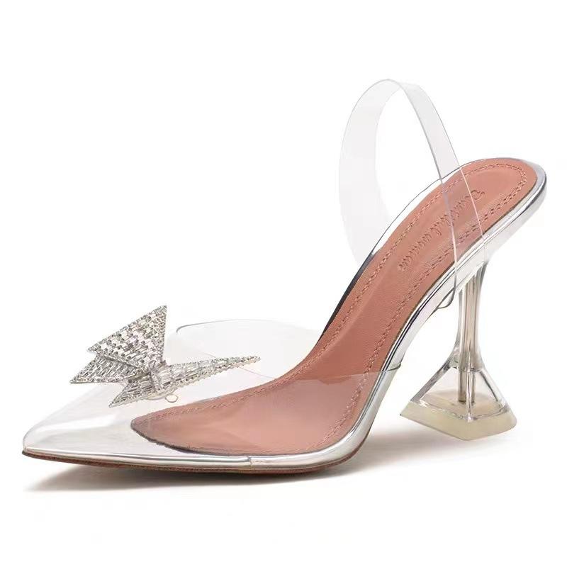 Sexy bow bag head transparent sandals new pointed thin heel rhinestone rear empty high heels