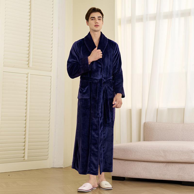 Men's Winter Shawl Collar Plush Fleece Bathrobe Soft Warm Long Sleeve Robe with Pockets Spa Robes for Men Comfortable Fluffy Homewear Sleepwear