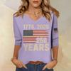 Womens V Neck 3/4 Sleeve Top with Printed States Flag and 250 Years Letter Design Casual Fit