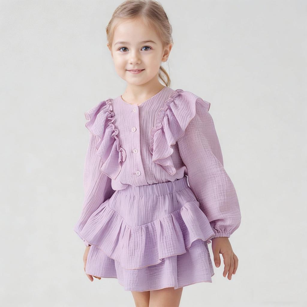 Girls Cotton Blouse with Flutter Sleeves and Ruffle Skirt Set Two Piece Outfit Soft Lightweight Fabric Comfortable Fit Spring Autumn