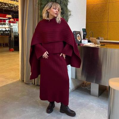 Women's Knitted Sweater 3 Piece Sets Winter Fall Lounge Long Sleeve Top Midi Dress Outfits Casual Chunky Sweater Skirt Sets for Women Loungewear Sets