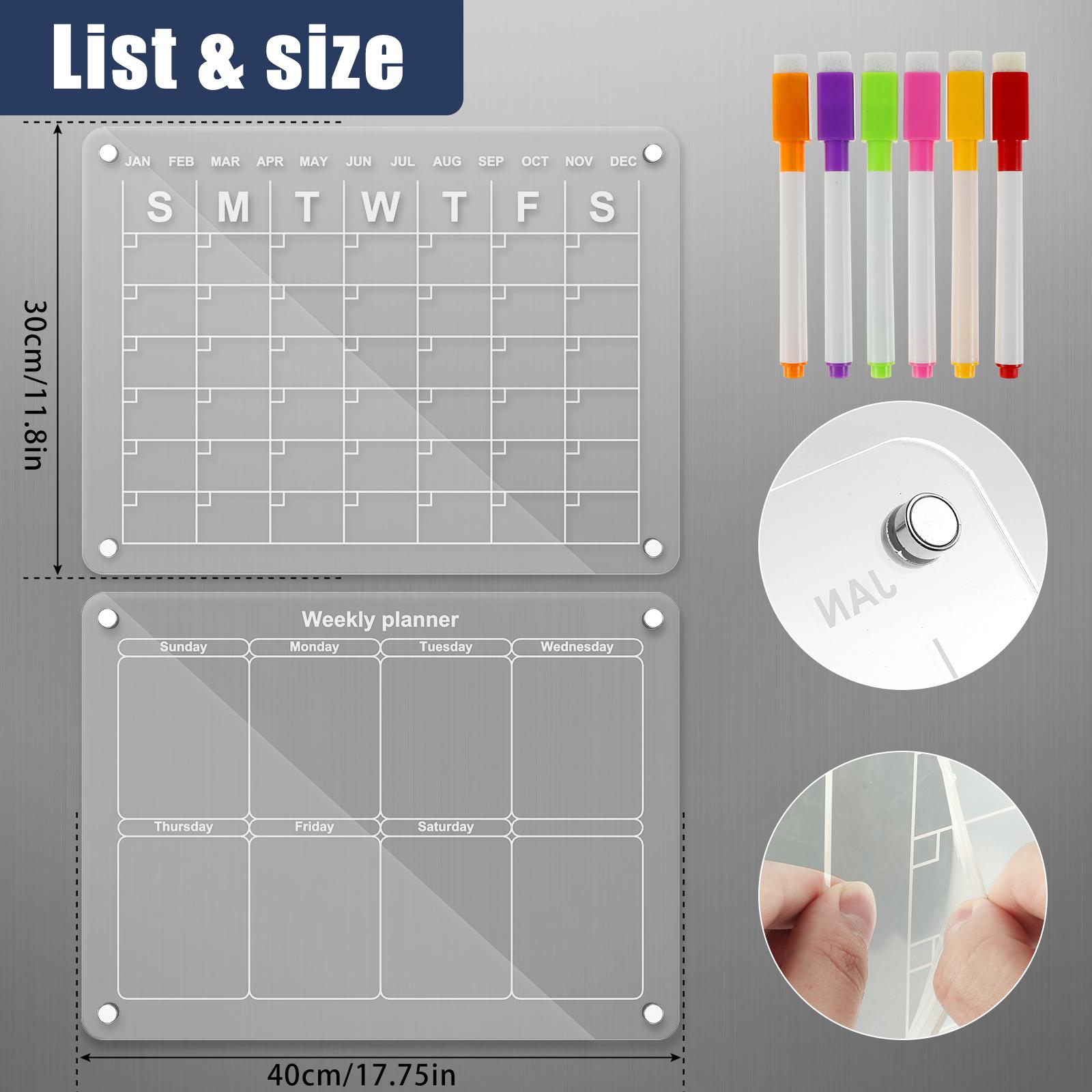 

Acrylic Magnetic Calendar Board Refrigerator Magnet Message Board Planning Board Monthly and Weekly Memo Calendar with 6 Markers