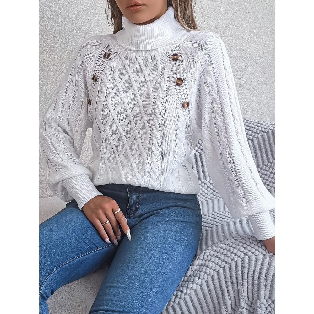 Autumn/Winter Casual Solid-Colour Buttoned Cable-Knit Turtleneck Bell-Sleeve Pullover for Women