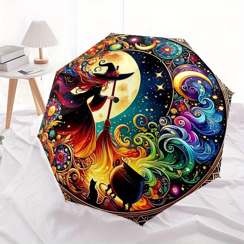Witchcraft, Moonlit Magic Automatic folding umbrella simple eight rib design, bright color pattern, durable iron frame, ideal for travel an
